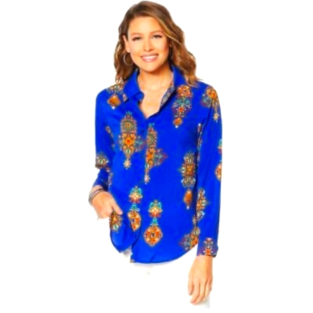 Motto Stretch Chiffon Printed Button Front Royal Blue Blouse Size 10
